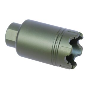 AR-15 Micro ‘Trident’ Flash Can Muzzle Device with Glass Breaker – Compact Threaded Blast Forwarder in Anodized Green