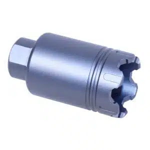 Anodized grey AR-15 Micro Trident flash can with glass breaker tip