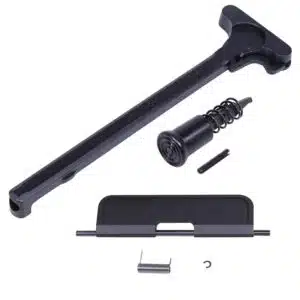 AR-15 upper receiver assembly kit in anodized black finish, including charging handle, forward assist, and hardware.
