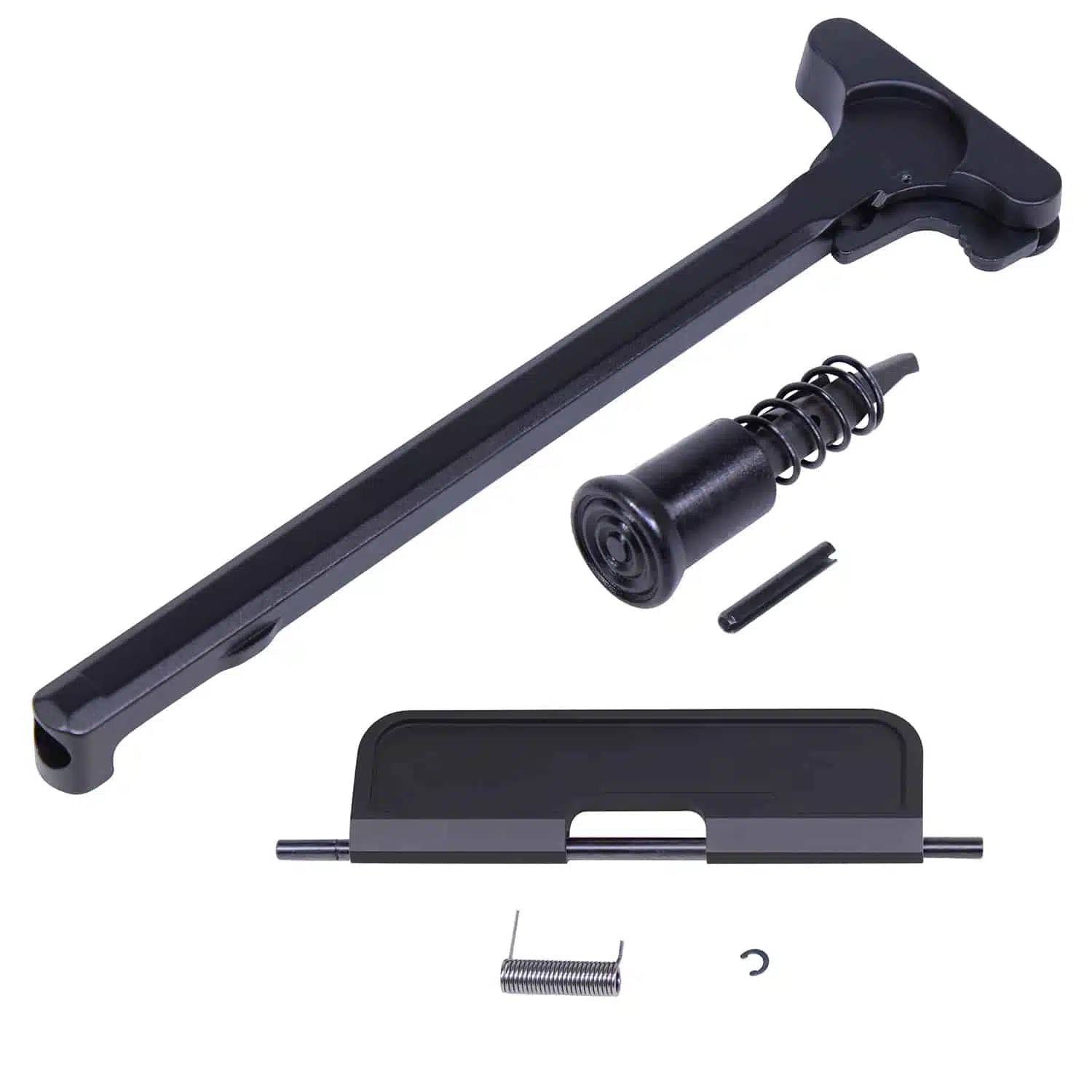AR-15 upper receiver assembly kit in anodized black finish, including charging handle, forward assist, and hardware.