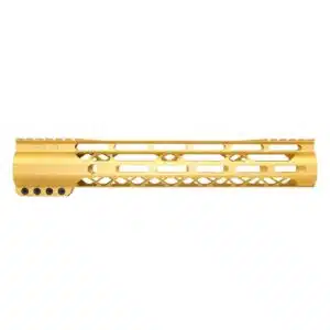 Anodized gold 12-inch AIR-LOK handguard with monolithic top rail and M-LOK slots
