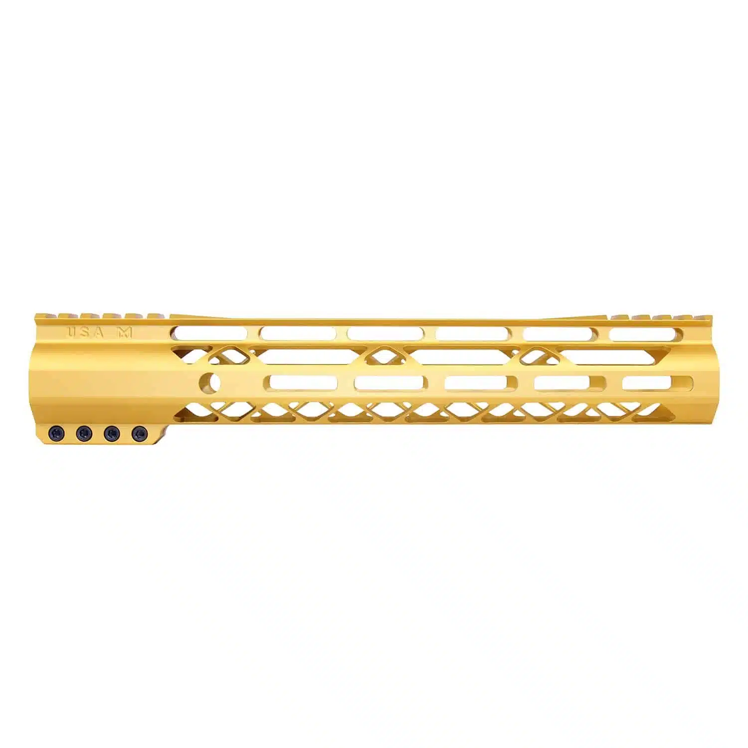 Anodized gold 12-inch AIR-LOK handguard with monolithic top rail and M-LOK slots