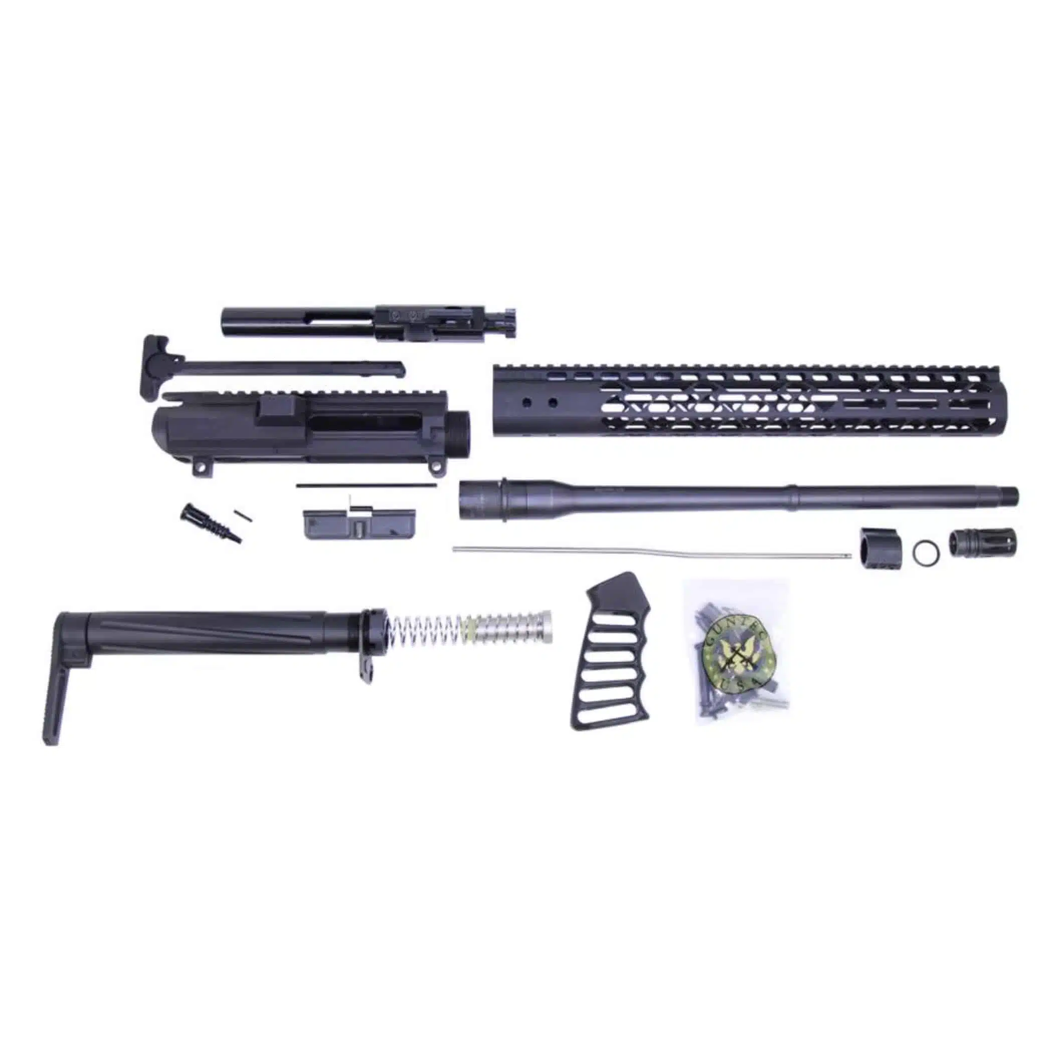 AR .308 Cal Complete Rifle Kit Combo #2 components in anodized black finish laid out on white background