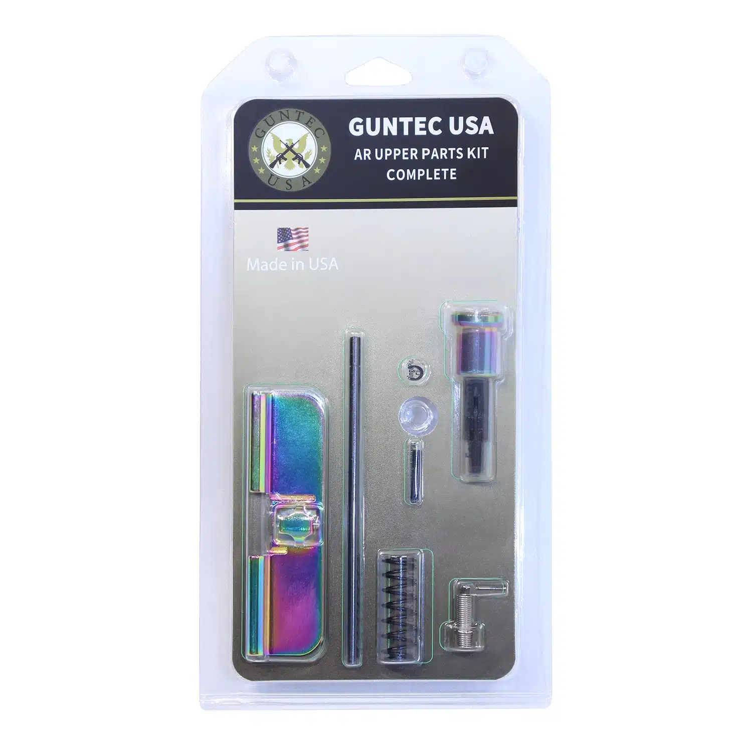 Guntec USA AR Upper Parts Kit with Gloss Rainbow PVD Coated finish in retail packaging