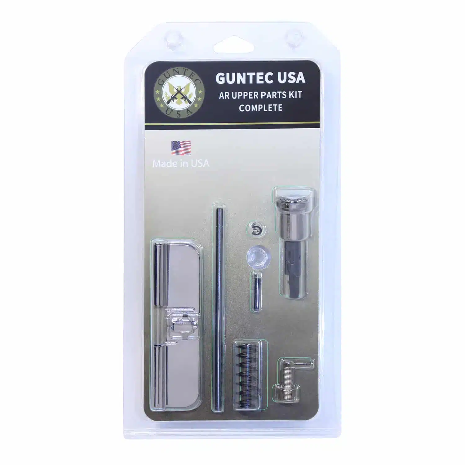 GunTec USA AR upper parts kit with Gen 3 dust cover in Black Chrome finish, packaged in retail blister pack