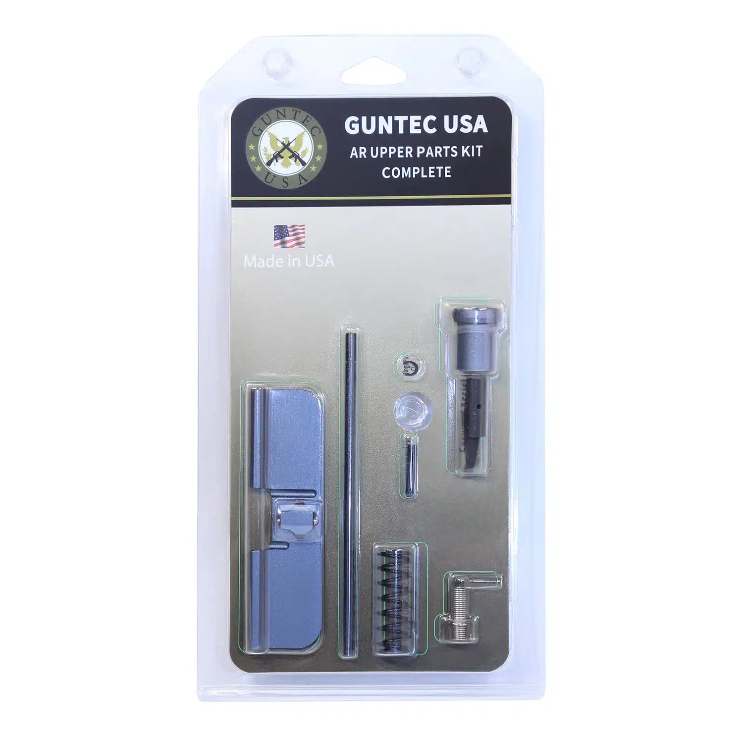 AR upper completion kit with Gen 3 dust cover in anodized grey finish, packaged in clear plastic with GunTec USA branding.