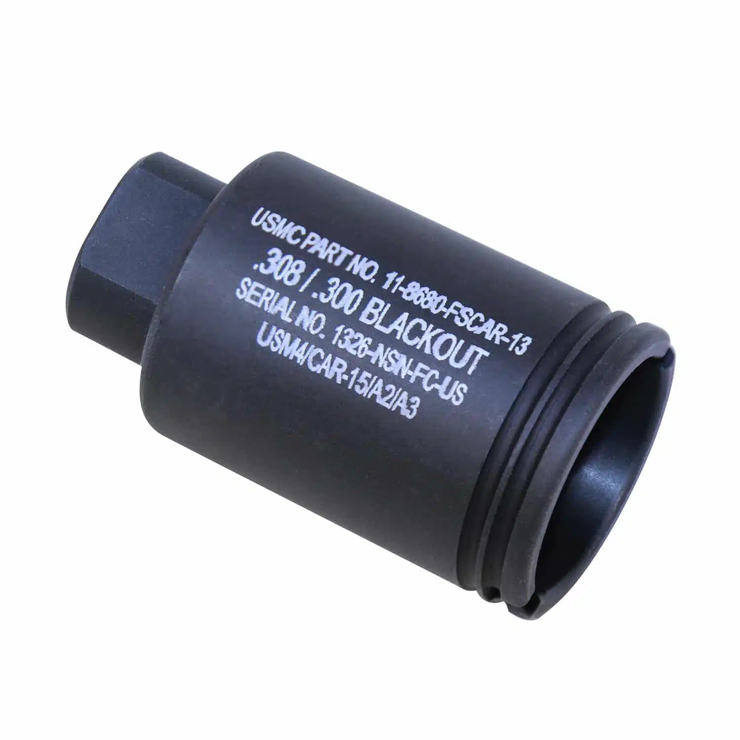 Black AR-10 LR-308 flash can with laser engraved USMC markings and hex end.