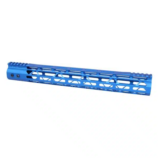 Anodized blue AR-15 M-LOK free-float rifle handguard with geometric cutouts.
