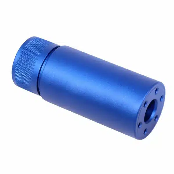 Blue anodized muzzle device for AR-15 with knurled grip and circular ports.