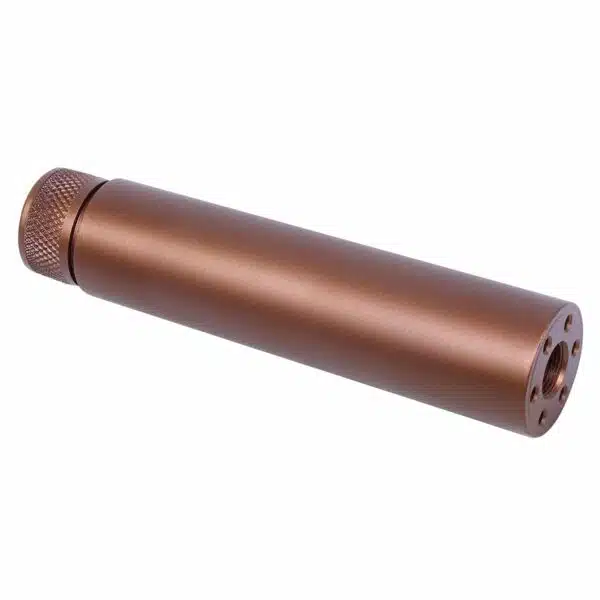 Copper-bronze firearm suppressor with knurled cap, reduces noise and muzzle flash.