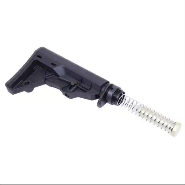 Black AR-15 rifle stock with adjustable buffer tube and visible recoil spring.