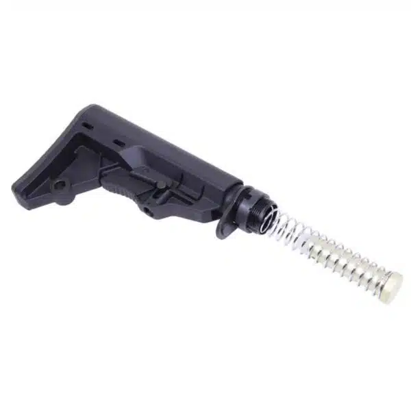 Black AR-15 collapsible stock with buffer tube, recoil spring, and adjustable ergonomic design.
