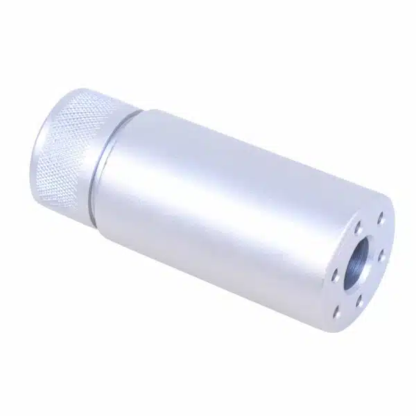 AR-15 clear anodized fake suppressor with polished finish and knurled grip section.
