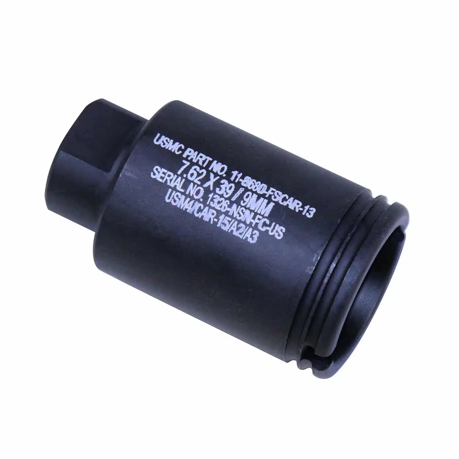 Anodized black AR-15 micro flash can with laser-engraved USMC markings and 1/2x36 threads.