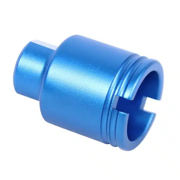 Metallic blue AR-15 5.56/.223 flash can with grooves and anodized finish.