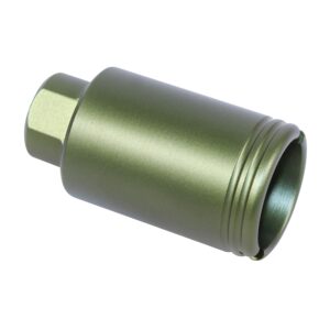 Military-green AR-15 flash can adapter with hexagonal connector and threaded cylindrical end.