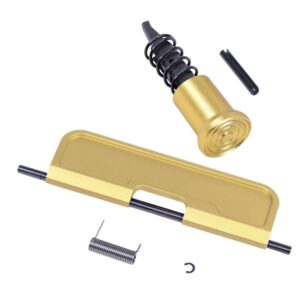 Anodized gold AR-15 upper completion kit with Gen 3 dust cover, forward assist, spring, and pin on white background