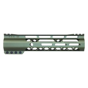 Olive green AR-15 M-LOK handguard with rail; lightweight, tactical, improves cooling and accuracy.