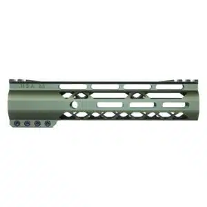 Olive green AR-15 M-LOK handguard with rail; lightweight, tactical, improves cooling and accuracy.