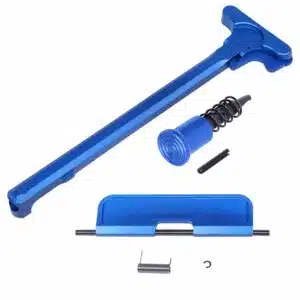 Anodized Blue AR-15 upper receiver assembly kit including charging handle, forward assist, and dust cover.