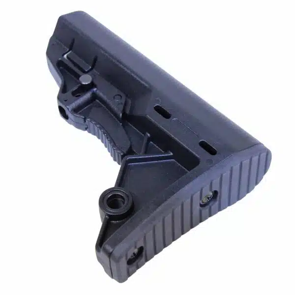 Lightweight polymer tactical stock for AR-15 rifles, featuring modern design and enhanced ergonomics.