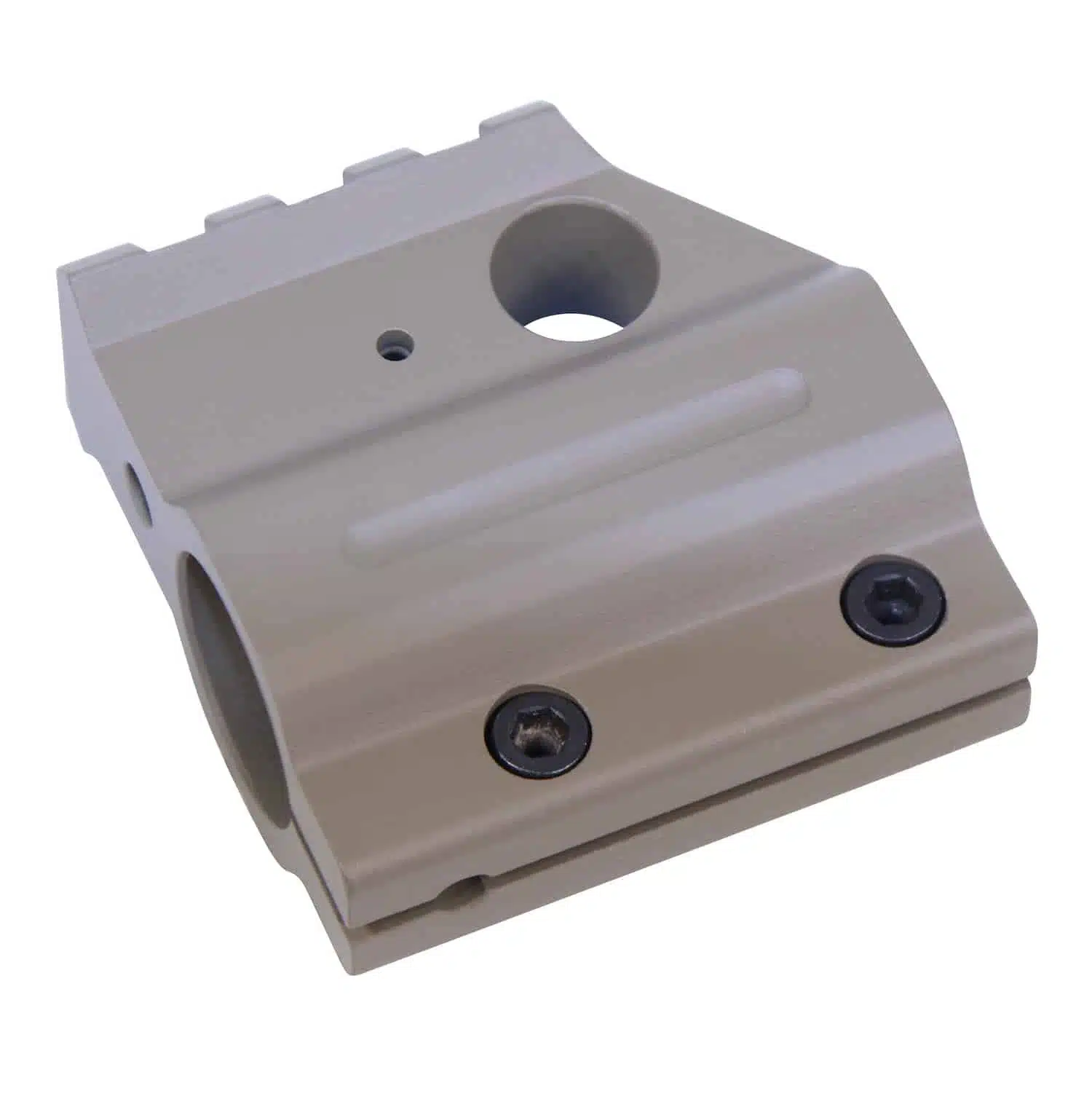 AR-15 clamp-on aluminum rail height gas block in Flat Dark Earth finish with side screws visible