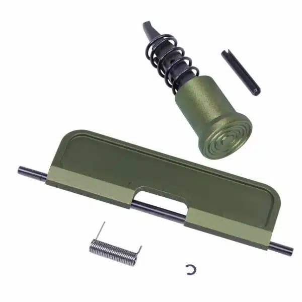 Military green AR-15 upper receiver parts: dust cover, forward assist, springs, hardware.