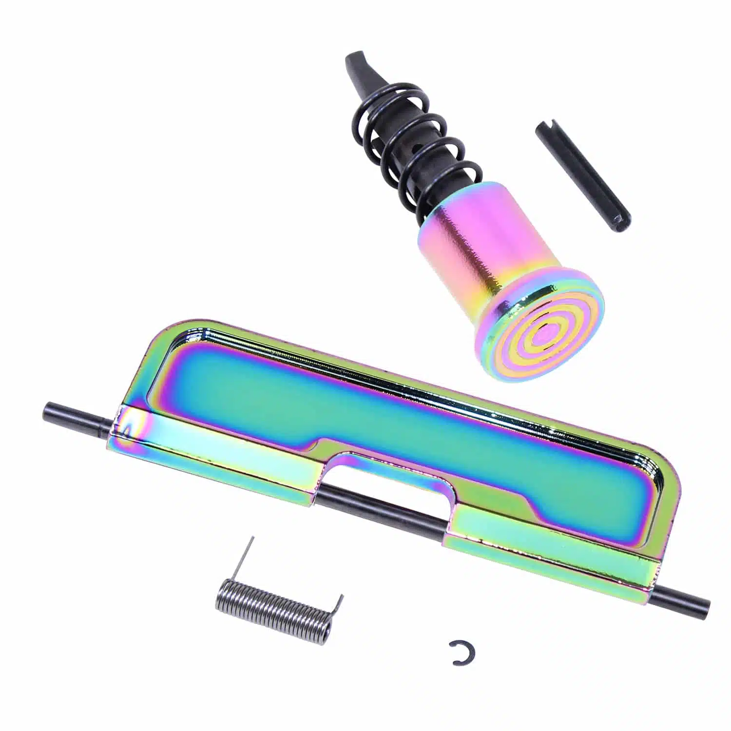 Gloss Rainbow PVD Coated Gen 3 Aluminum Dust Cover kit with forward assist, spring, and pin