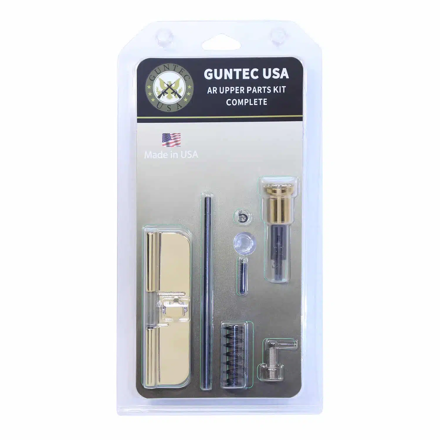 Guntec USA AR Upper Parts Kit complete with gold plated forward assist and dust cover in packaging