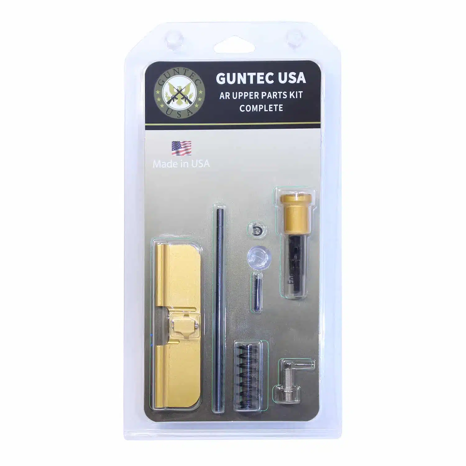 AR-15 upper completion kit with anodized gold finish, containing dust cover, forward assist, and spring components in packaging