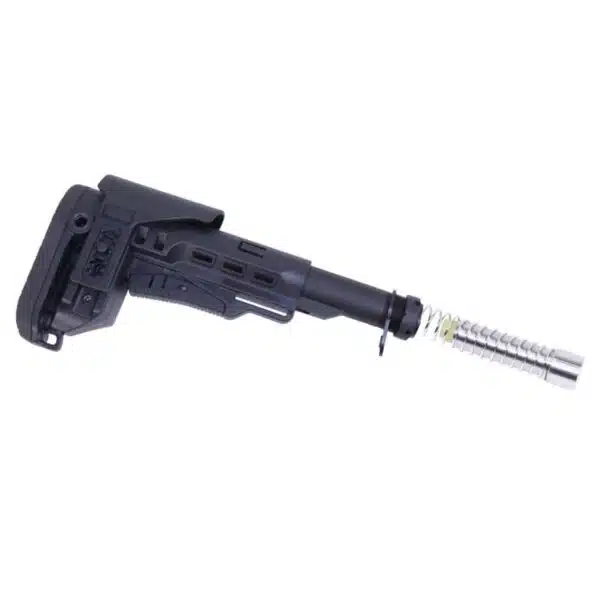 Adjustable AR-9 stock with cheek riser, polymer body, and silver buffer tube for firearm customization.