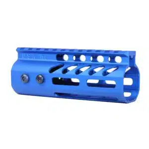Anodized blue 5-inch M-LOK free floating handguard with monolithic top rail and USA M stamp