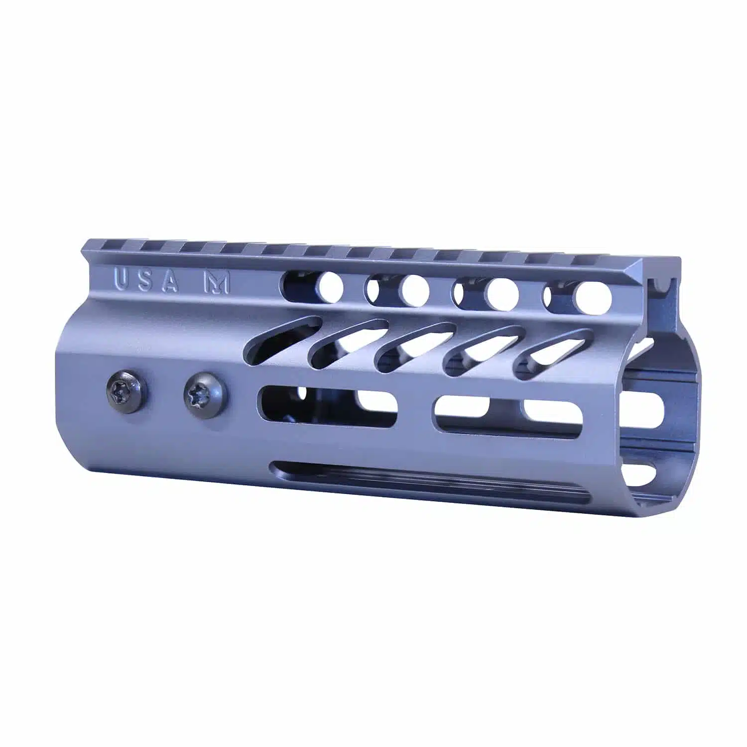 Anodized grey 5-inch M-LOK free floating handguard with monolithic top rail and USA M stamp