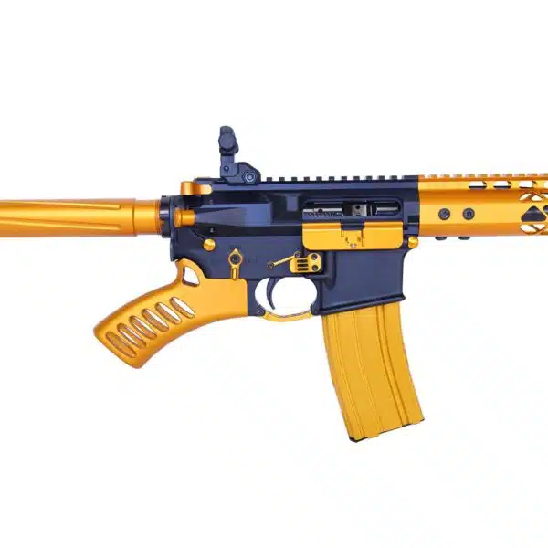Custom blue and gold AR-15 rifle with Picatinny rail and ergonomic design.