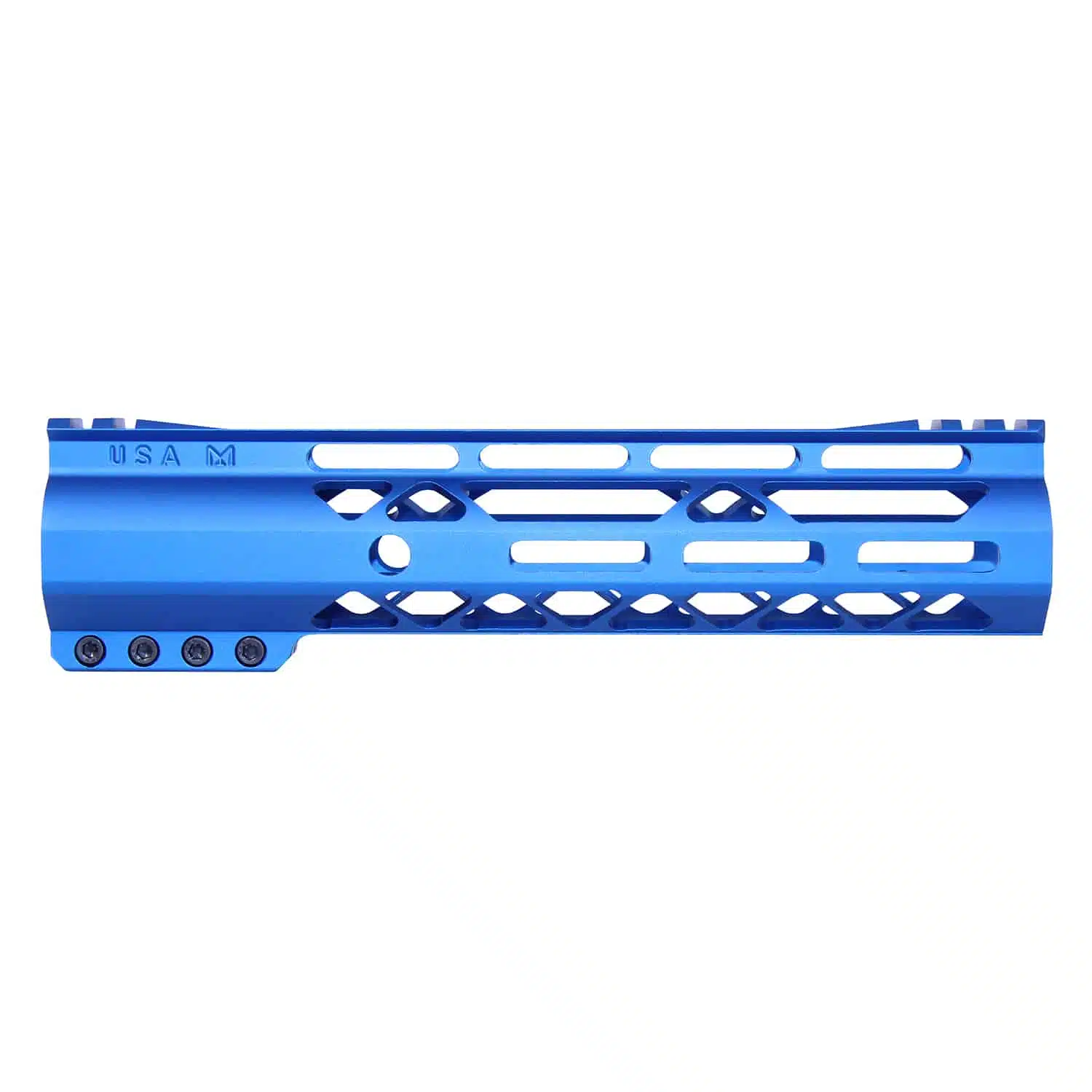 Anodized blue 9-inch AIR-LOK handguard with monolithic top rail and M-LOK slots