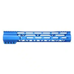 Anodized blue 12-inch AIR-LOK handguard with M-LOK slots and monolithic top rail