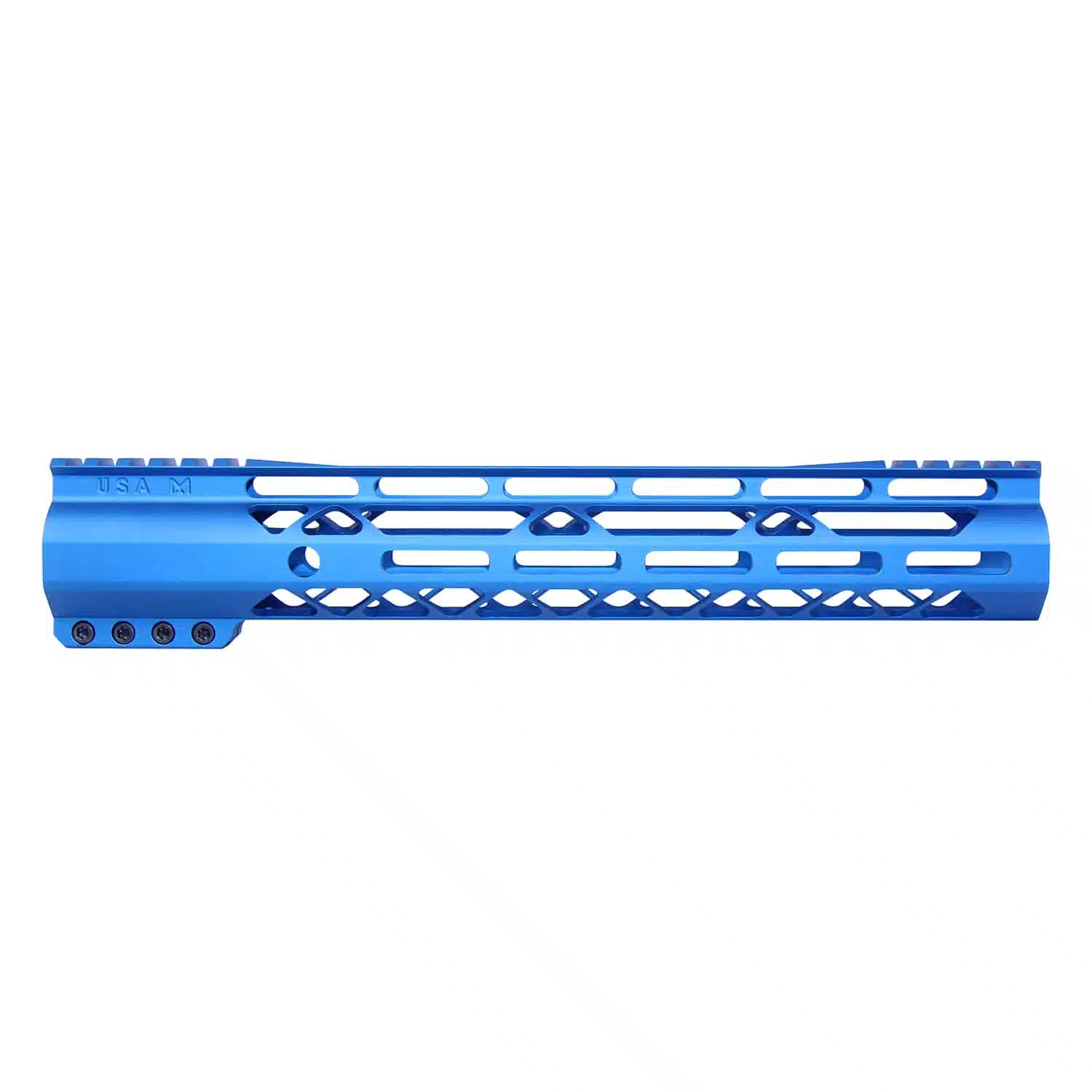 Anodized blue 12-inch AIR-LOK handguard with M-LOK slots and monolithic top rail