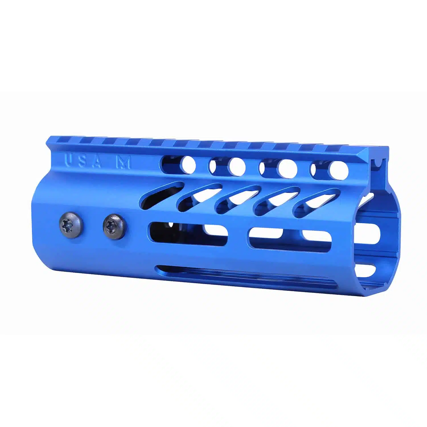 Anodized blue 5-inch M-LOK free floating handguard with monolithic top rail and USA M stamp