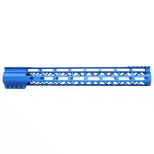 Anodized blue 15-inch AIR-LOK M-LOK handguard with monolithic top rail and skeletonized cutouts