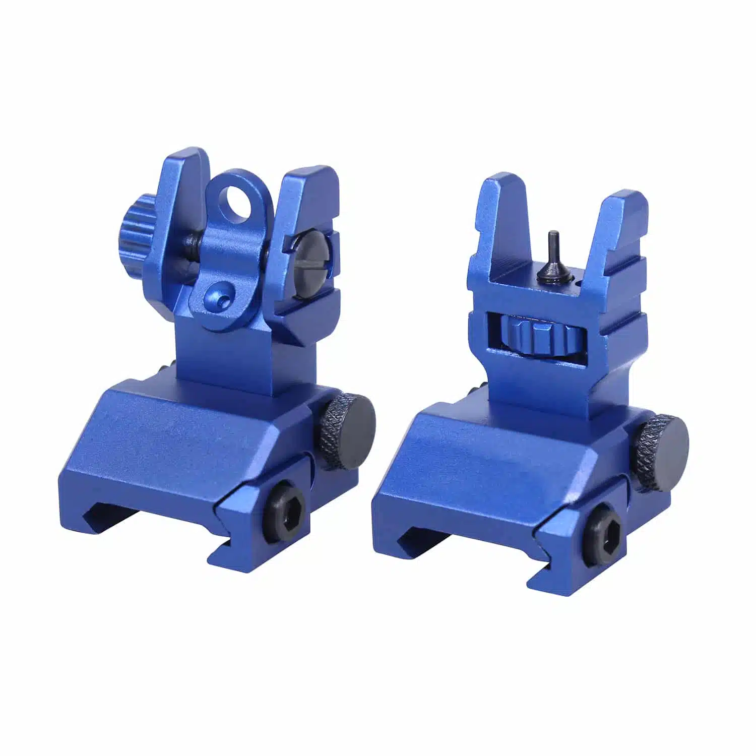 Anodized blue R.A.P.S backup iron sights with adjustable front elevation knob and dual rear aperture.