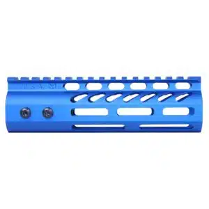 Anodized blue 6.75 inch M-LOK free floating handguard with monolithic top rail and visible mounting screws