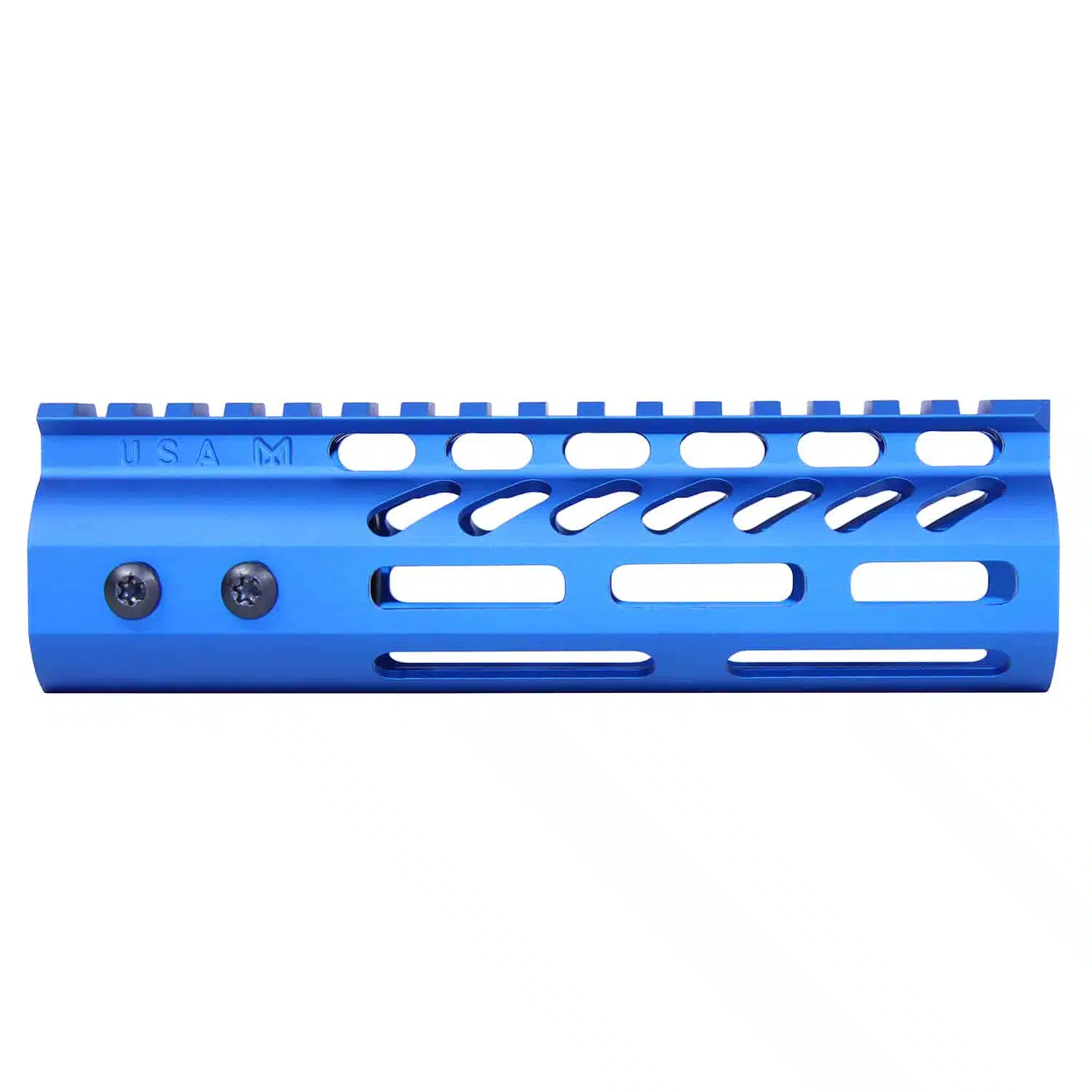 Anodized blue 6.75 inch M-LOK free floating handguard with monolithic top rail and visible mounting screws