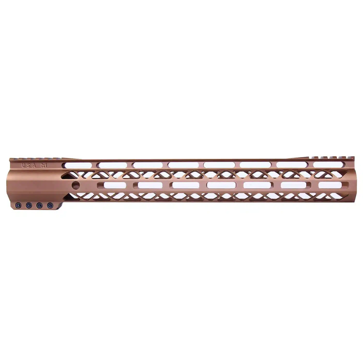 Anodized bronze 15-inch AIR-LOK M-LOK handguard with monolithic top rail and skeletonized body