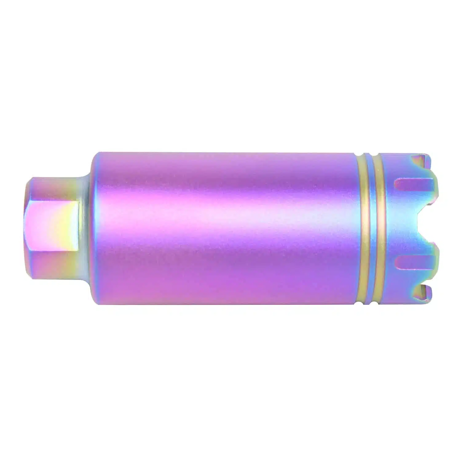 AR-15 Slim Line Trident Flash Can with Rainbow PVD Coated finish and glass breaker end