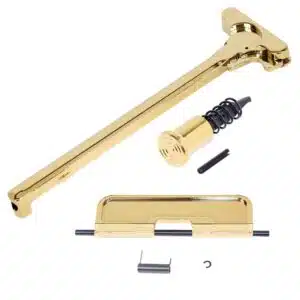 Gold plated AR-15 upper receiver assembly kit with charging handle and forward assist.