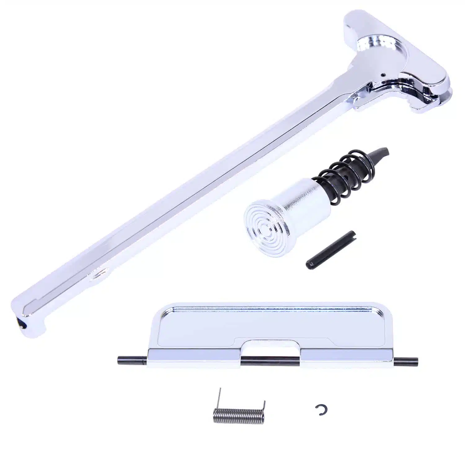 Chrome 5.56 AR-15 charging handle, forward assist assembly, and hardware components on white background