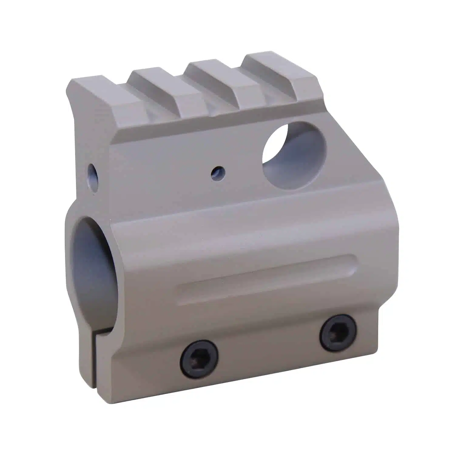 AR-15 clamp on aluminum rail height gas block in Flat Dark Earth finish with Picatinny rail and side screws