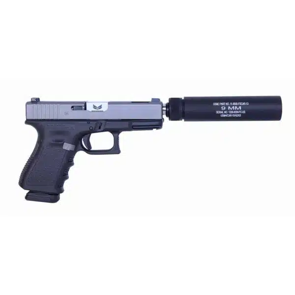 Glock-style handgun with black suppressor, silver slide, and textured grip.