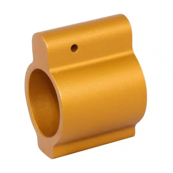 Gold anodized aluminum AR-15 gas block, precision-machined with a .750 low-profile design.