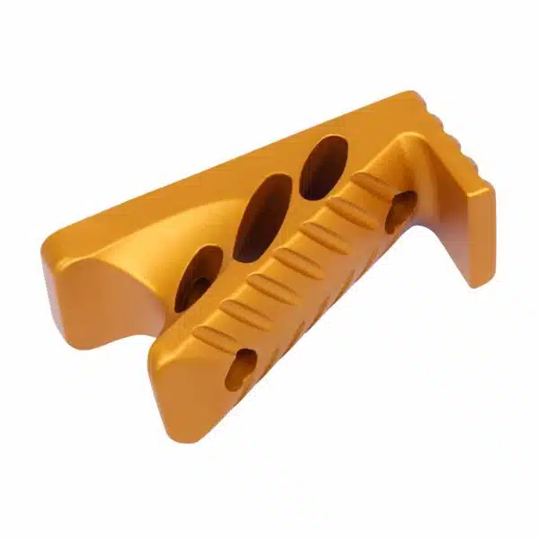 Gold anodized aluminum bracket with holes and notched ridge for mounting or specialized use.